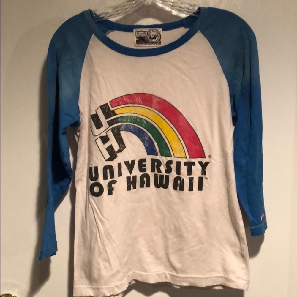 Chip & Pepper White Tee with Blue Raglan Sleeves and Multicolor Rainbow Graphic